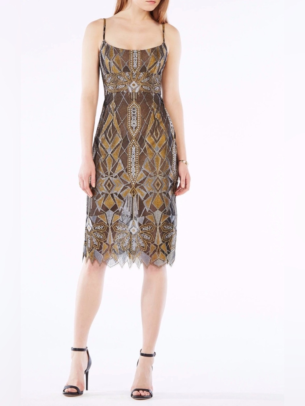 BCBGMaxAzria Alese Metallic Geometric Overlay Gold and Silver Midi Dress